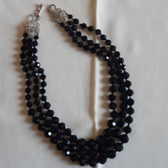 1950s Boucher 3 Strand Jet Black Round Faceted Crystal Vintage Necklace - Picture 3 of 9